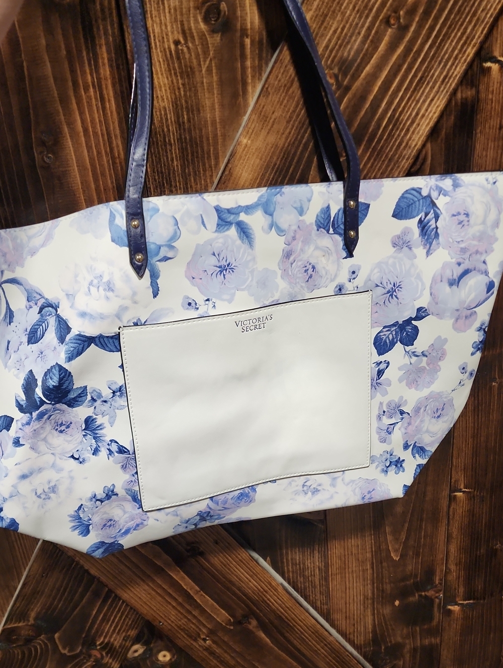 Victoria's Secret White Tote with Blue Floral Print